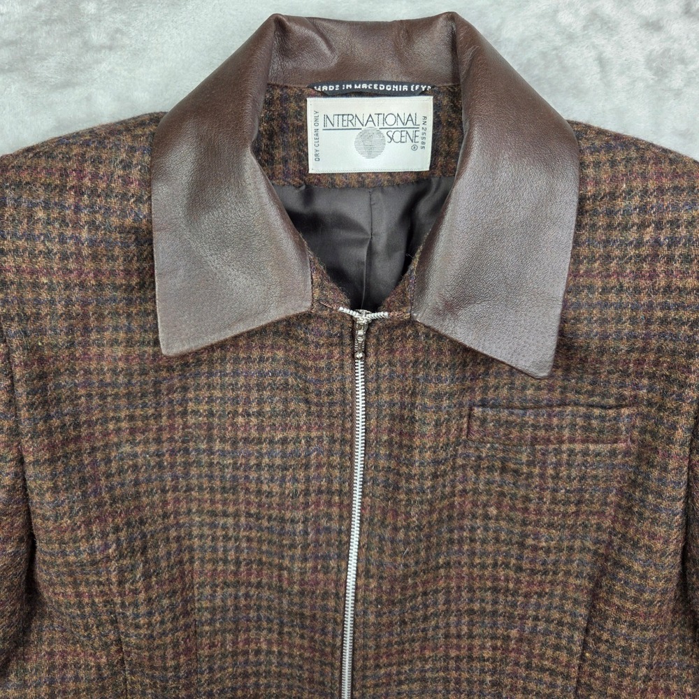 Vintage International Scene Brown Tweed Wool Leather Collar Jacket Luxury 11/12 - Picture 4 of 14